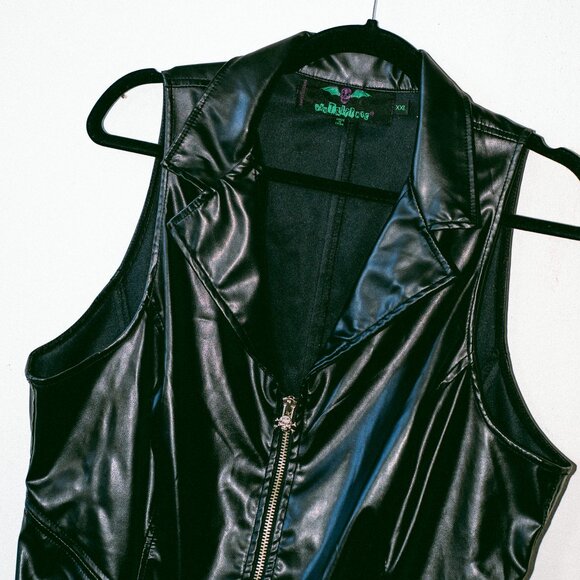 Vintage Late 90s/Y2K Tripp NYC Black Vegan Faux Leather Zip-Front Dress – XXL - Picture 2 of 8